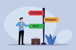 businessman with future past present sign post 2d flat vector illustration